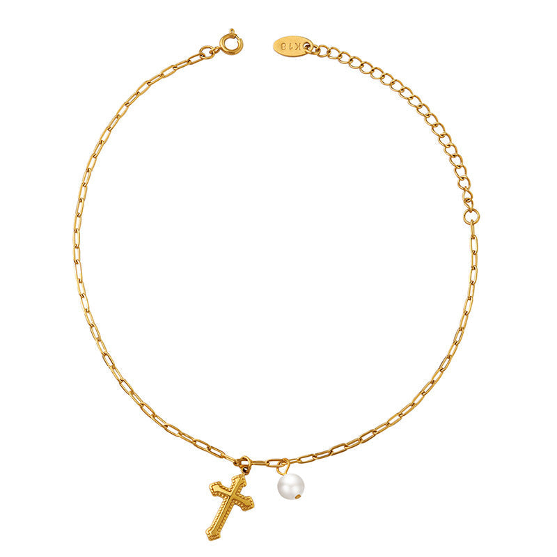 Cross & Pearl Anklet, Bracelet & Necklace Set | 18K Gold