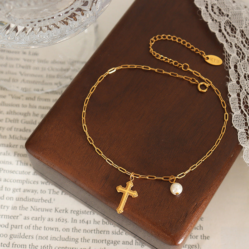 Cross & Pearl Anklet, Bracelet & Necklace Set | 18K Gold