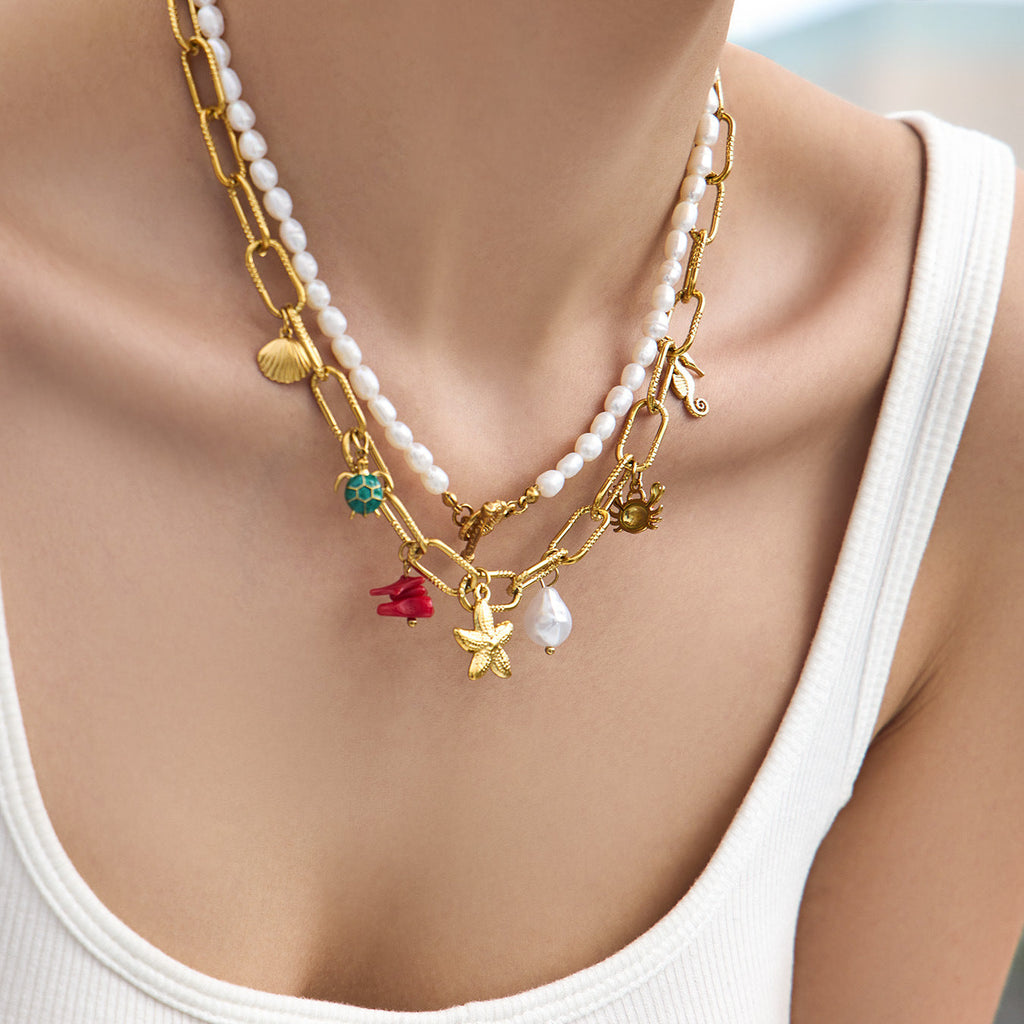 Ocean Vintage Faux Pearl Enamel Necklace & Anklet Set
