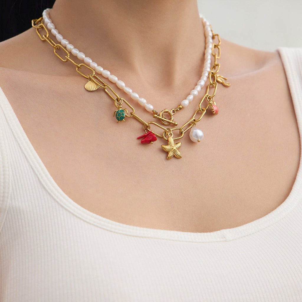Ocean Vintage Faux Pearl Enamel Necklace & Anklet Set