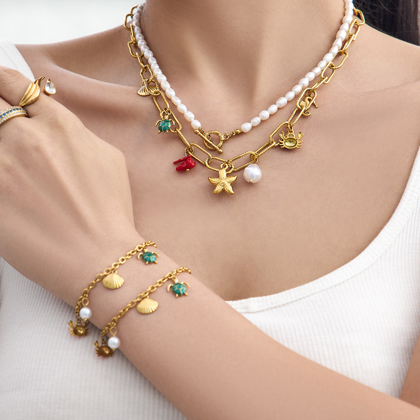 Ocean Vintage Faux Pearl Enamel Necklace & Anklet Set