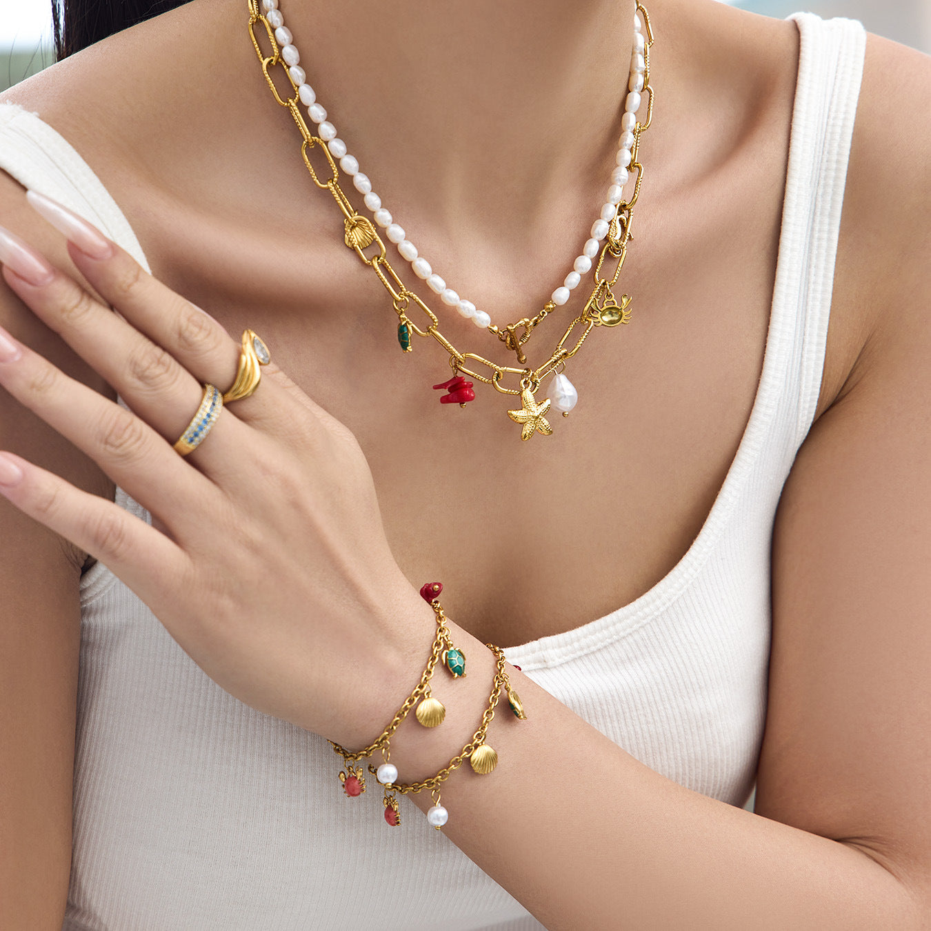 Ocean Vintage Faux Pearl Enamel Necklace & Anklet Set