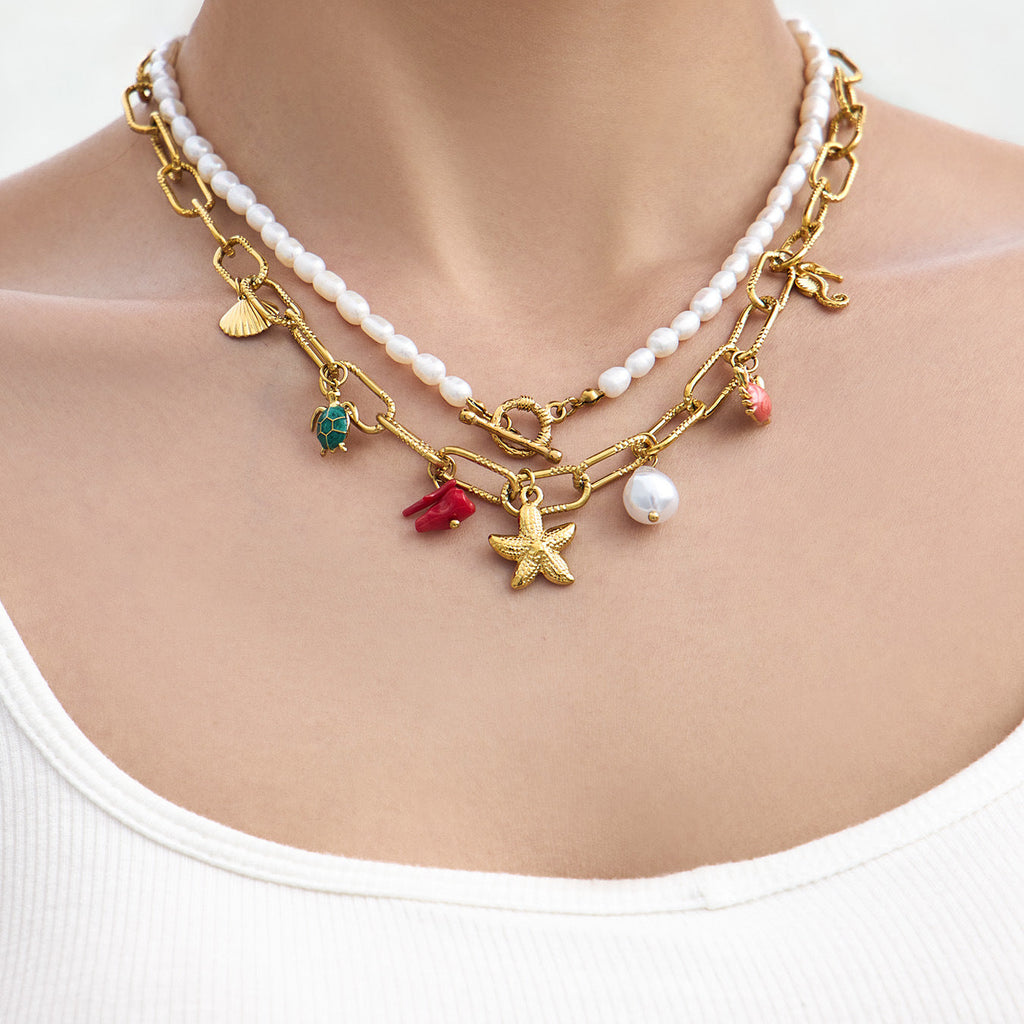 Ocean Vintage Faux Pearl Enamel Necklace & Anklet Set