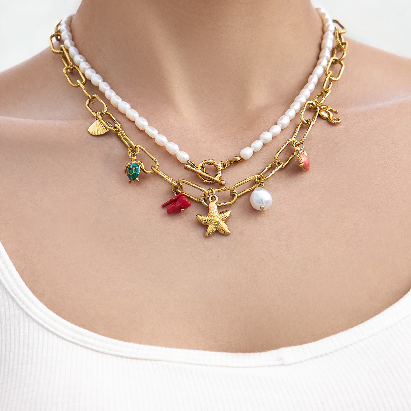 Ocean Vintage Faux Pearl Enamel Necklace & Anklet Set