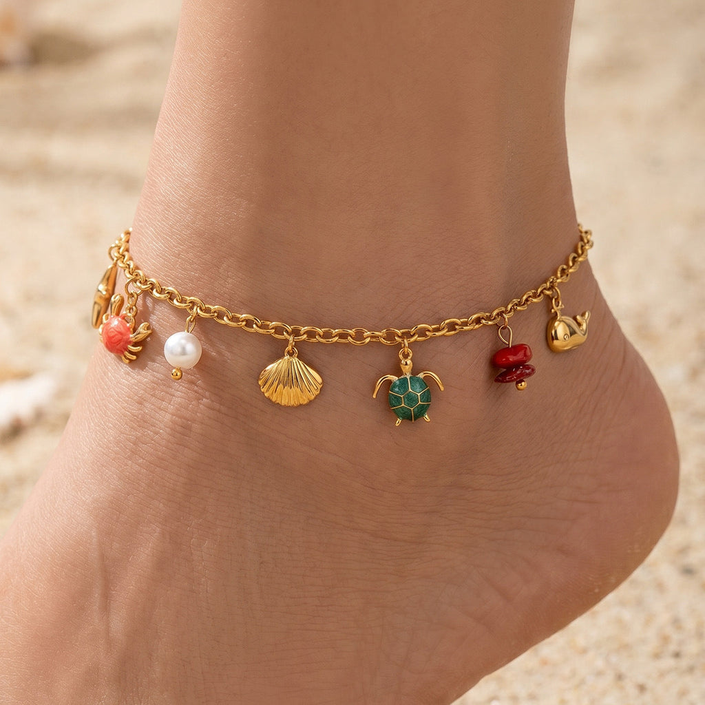 Ocean Vintage Faux Pearl Enamel Necklace & Anklet Set