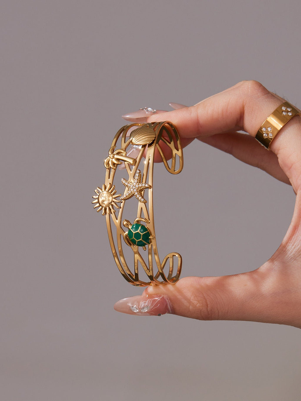 316L Stainless Steel 5A Zircon Floral Ladybug Intricate Triple-Layer Open Cuff Bracelet