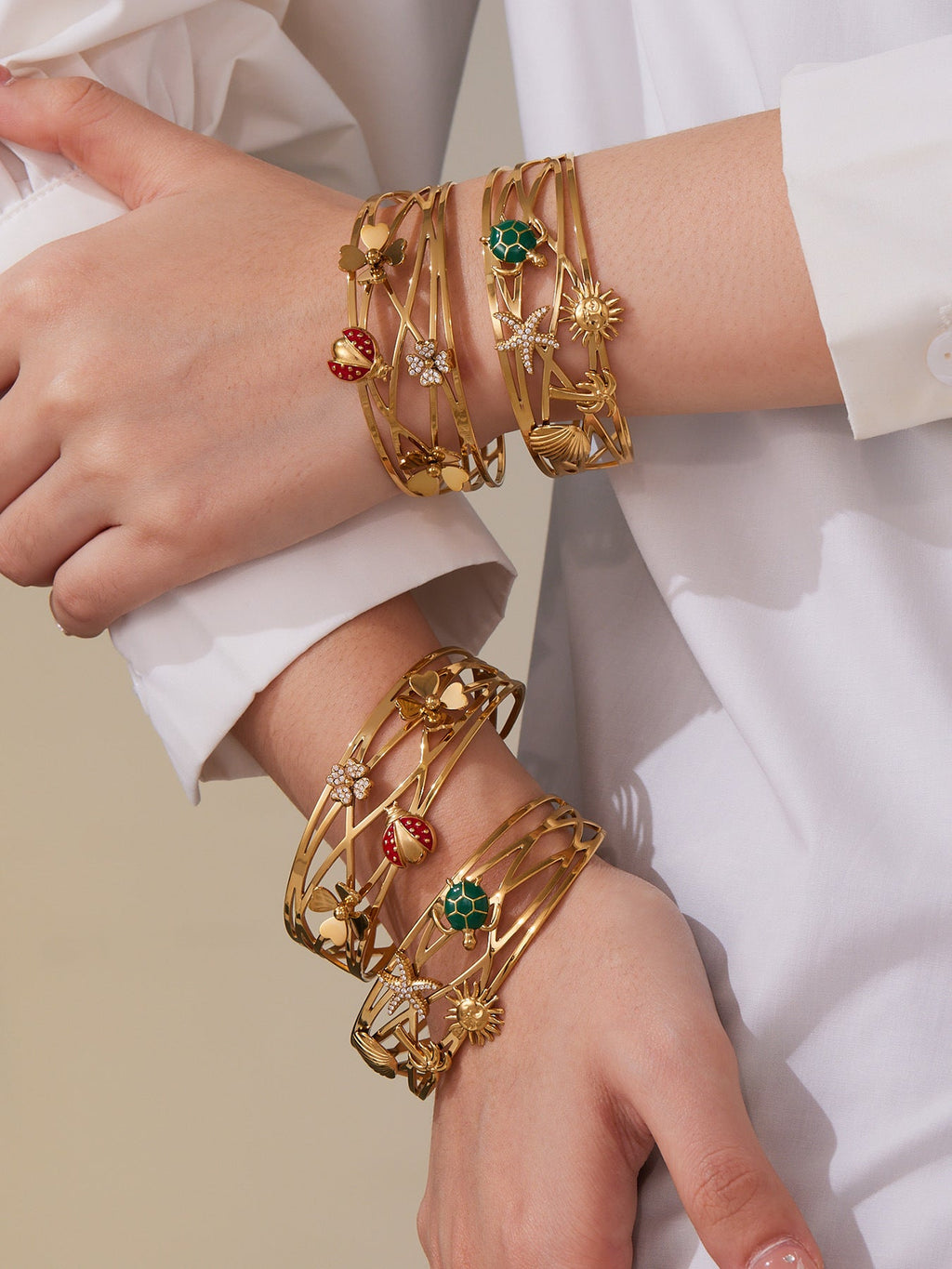 316L Stainless Steel 5A Zircon Floral Ladybug Intricate Triple-Layer Open Cuff Bracelet