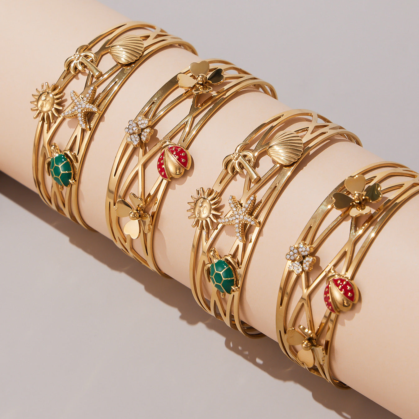 316L Stainless Steel 5A Zircon Floral Ladybug Intricate Triple-Layer Open Cuff Bracelet