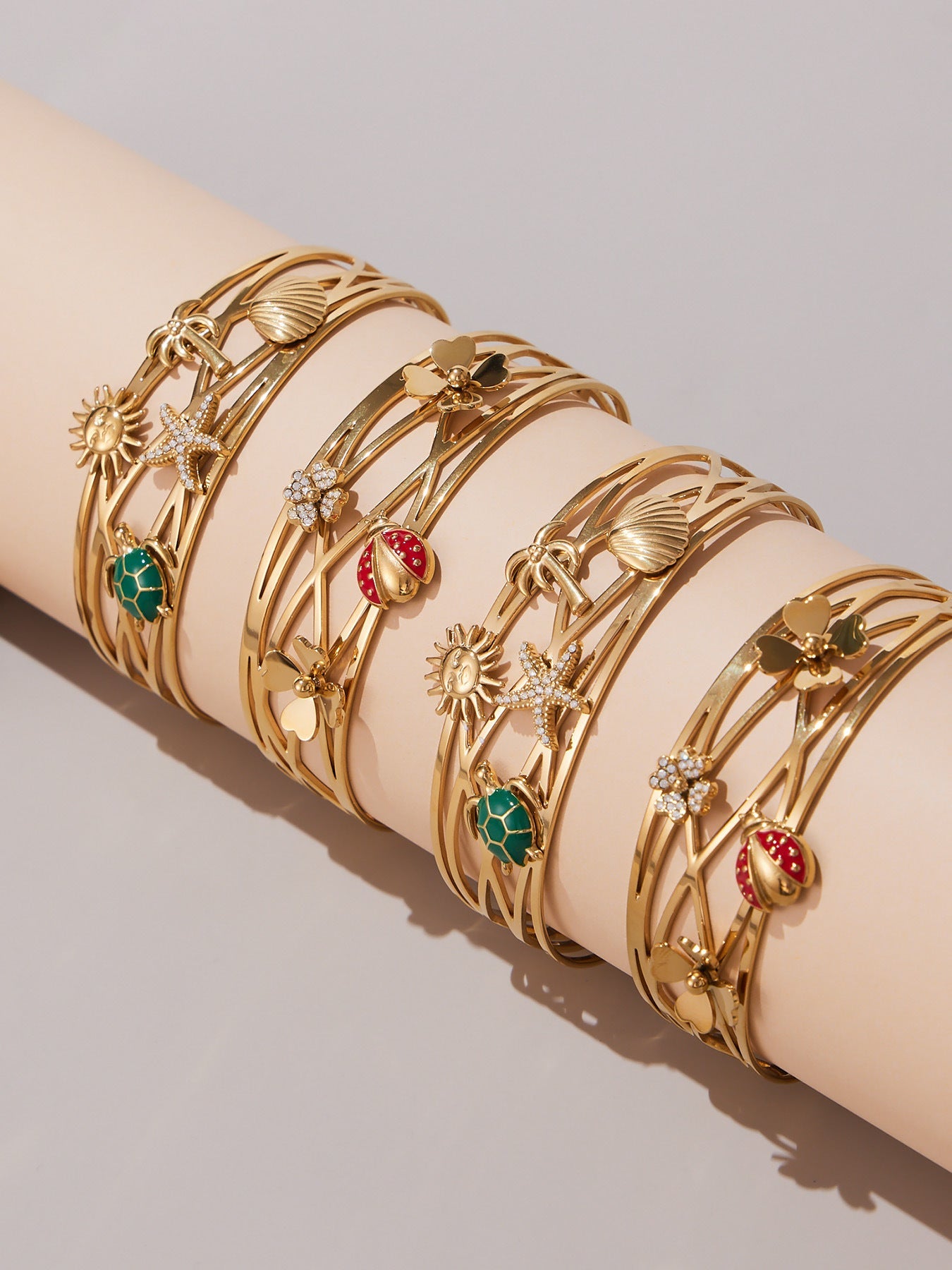 316L Stainless Steel 5A Zircon Floral Ladybug Intricate Triple-Layer Open Cuff Bracelet
