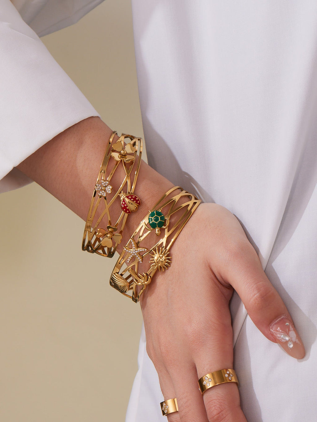 316L Stainless Steel 5A Zircon Floral Ladybug Intricate Triple-Layer Open Cuff Bracelet