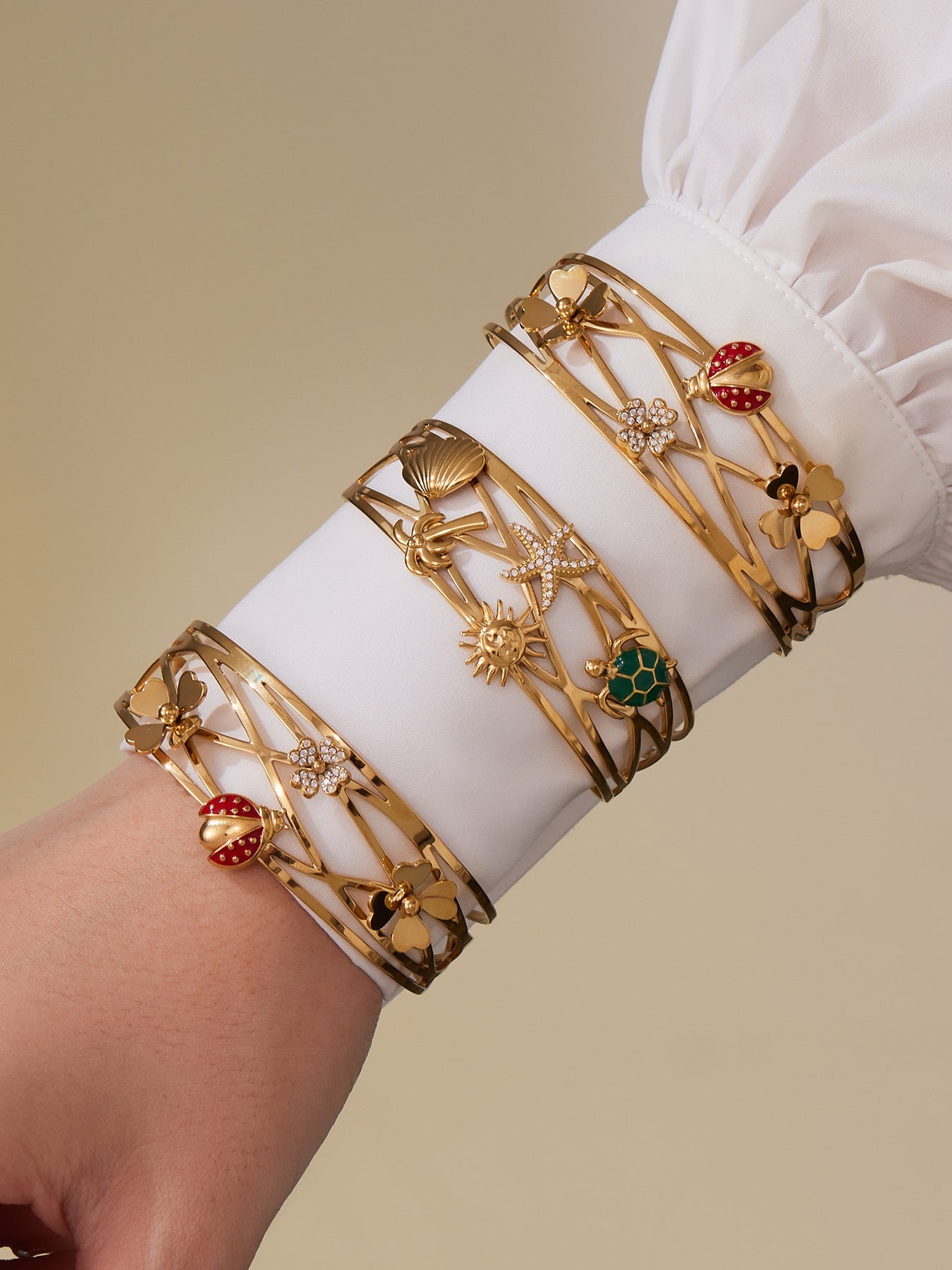316L Stainless Steel 5A Zircon Floral Ladybug Intricate Triple-Layer Open Cuff Bracelet