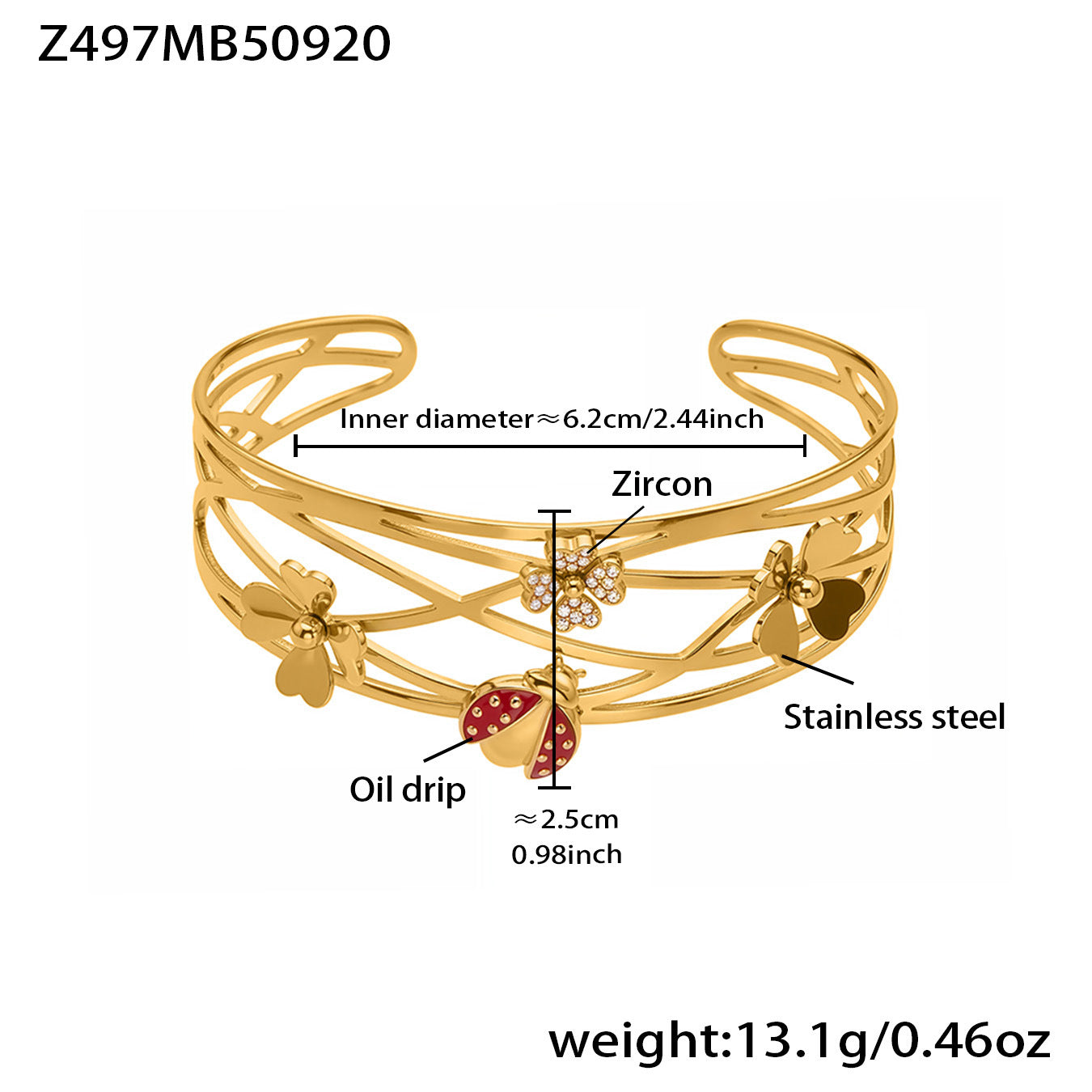 316L Stainless Steel 5A Zircon Floral Ladybug Intricate Triple-Layer Open Cuff Bracelet