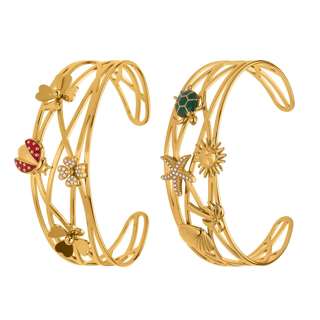 316L Stainless Steel 5A Zircon Floral Ladybug Intricate Triple-Layer Open Cuff Bracelet