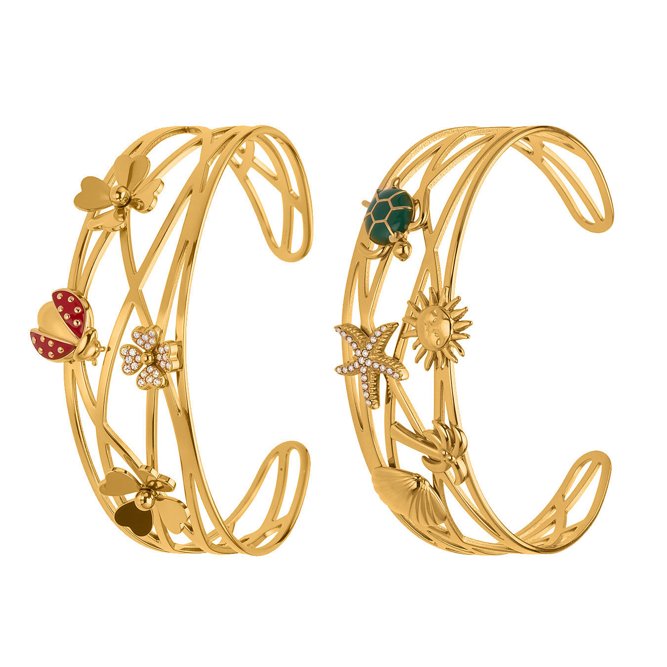 316L Stainless Steel 5A Zircon Floral Ladybug Intricate Triple-Layer Open Cuff Bracelet