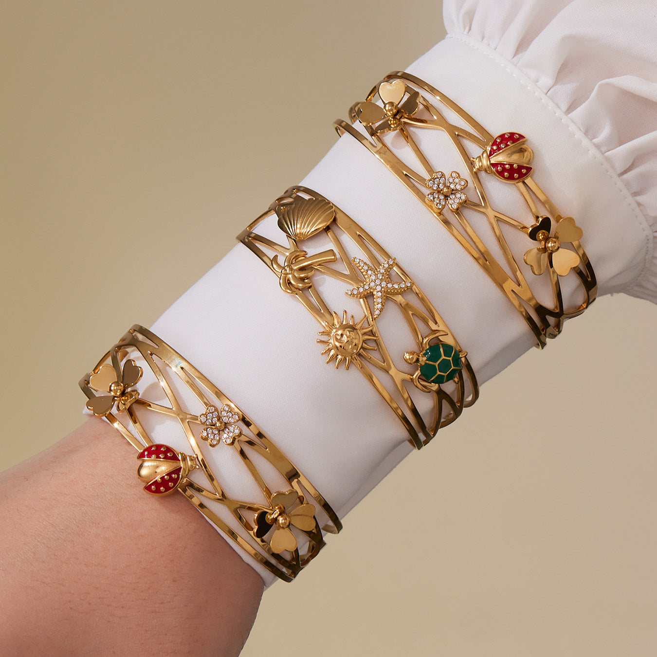 316L Stainless Steel 5A Zircon Floral Ladybug Intricate Triple-Layer Open Cuff Bracelet