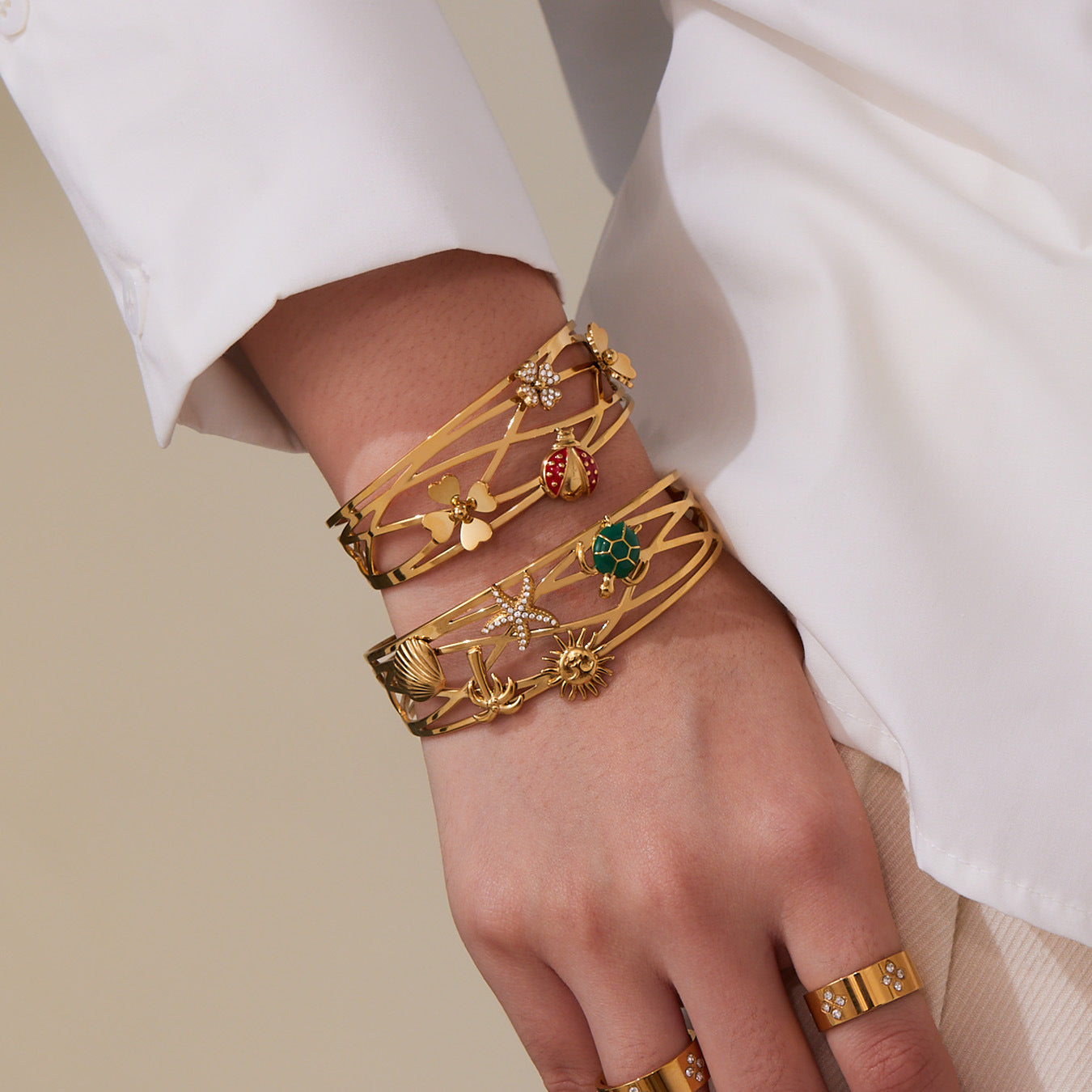 316L Stainless Steel 5A Zircon Floral Ladybug Intricate Triple-Layer Open Cuff Bracelet
