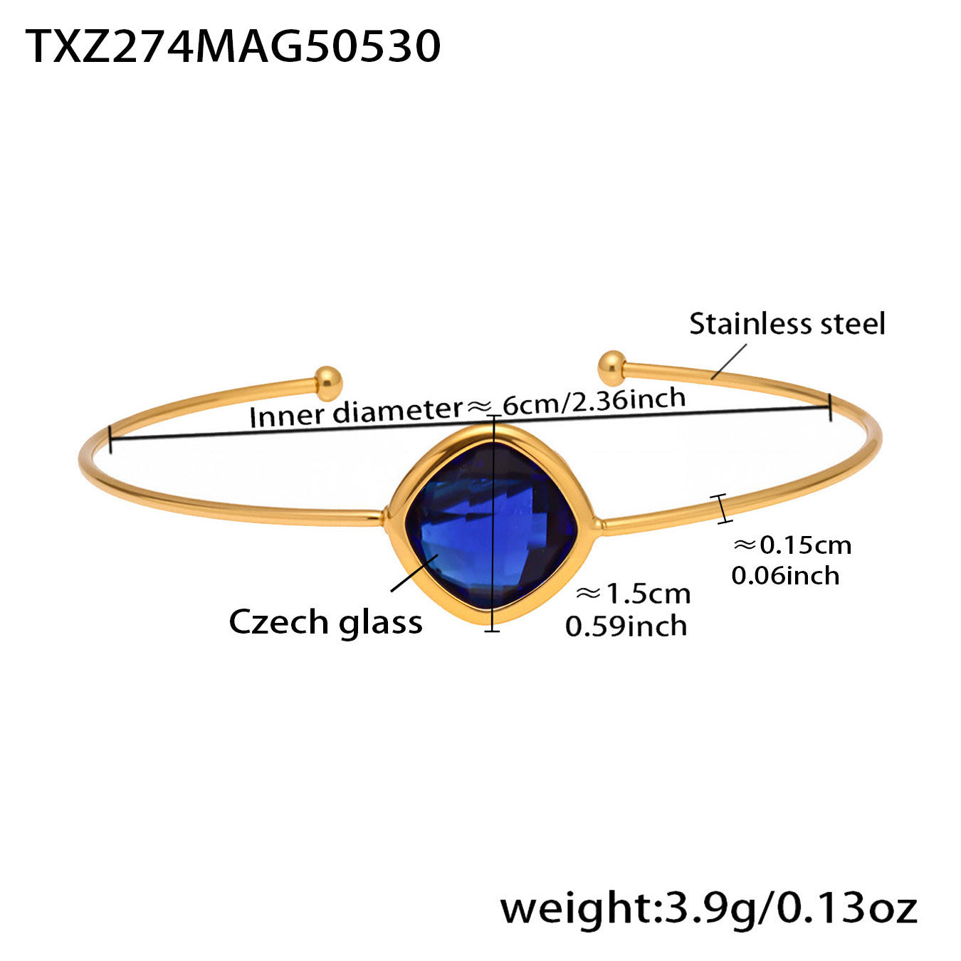 316L Stainless Steel Chic Faceted Gemstone Open Cuff Bracelet