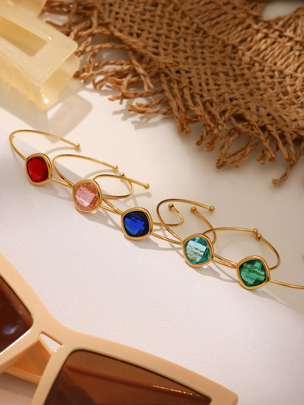 316L Stainless Steel Chic Faceted Gemstone Open Cuff Bracelet