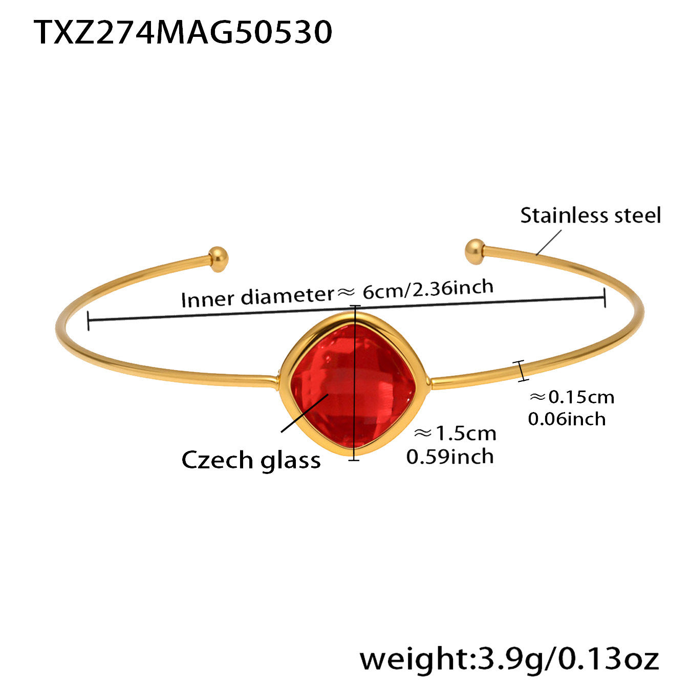 316L Stainless Steel Chic Faceted Gemstone Open Cuff Bracelet