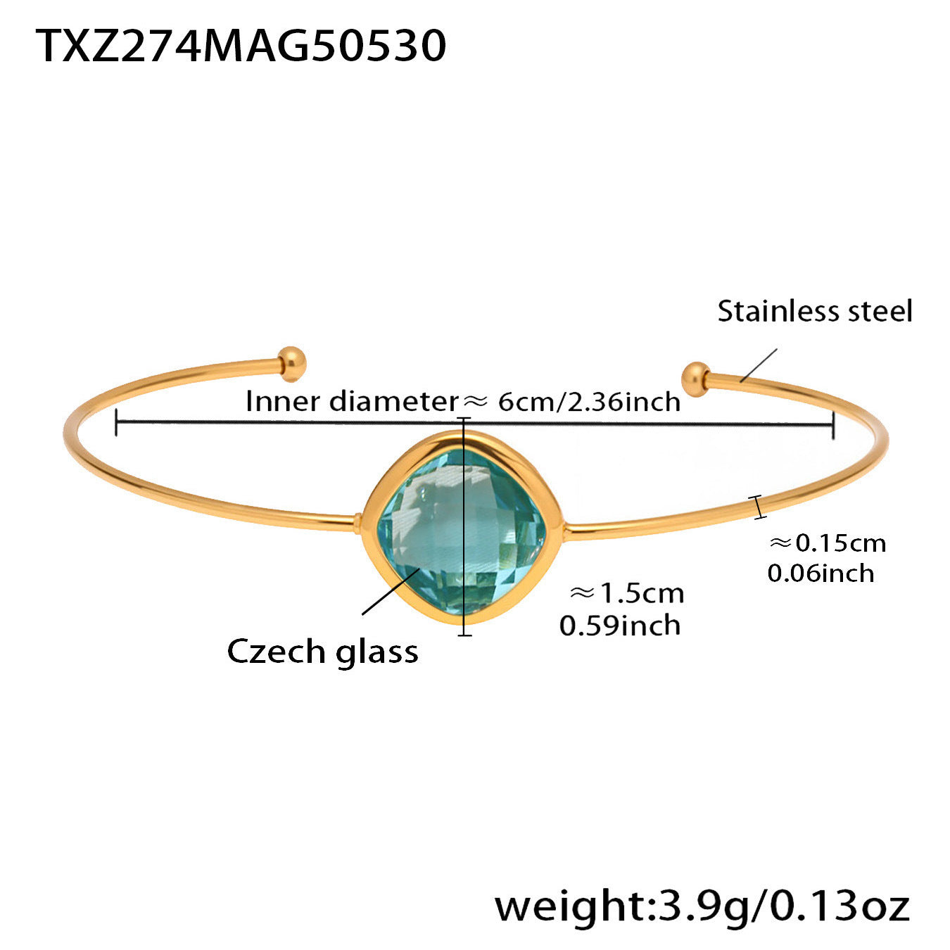 316L Stainless Steel Chic Faceted Gemstone Open Cuff Bracelet
