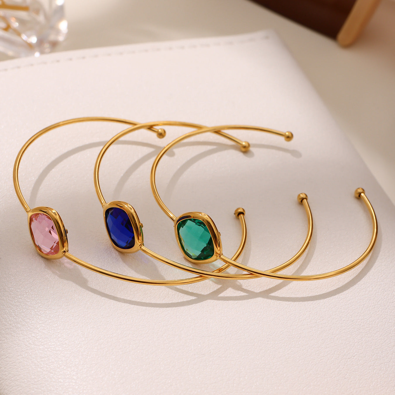 316L Stainless Steel Chic Faceted Gemstone Open Cuff Bracelet