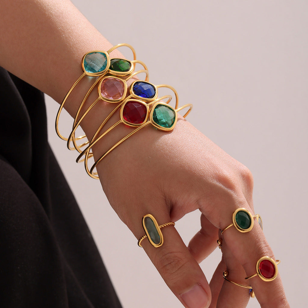 316L Stainless Steel Chic Faceted Gemstone Open Cuff Bracelet