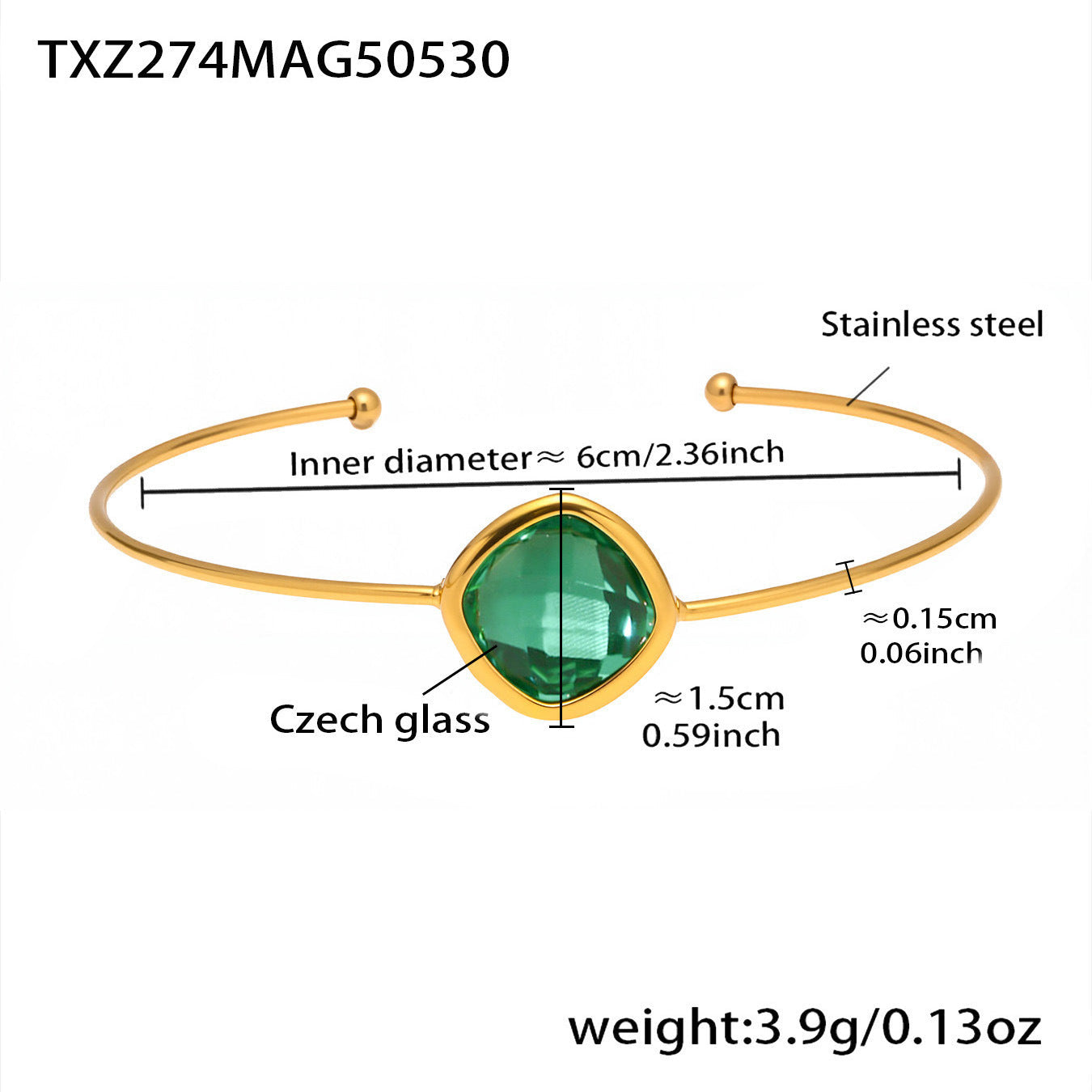 316L Stainless Steel Chic Faceted Gemstone Open Cuff Bracelet