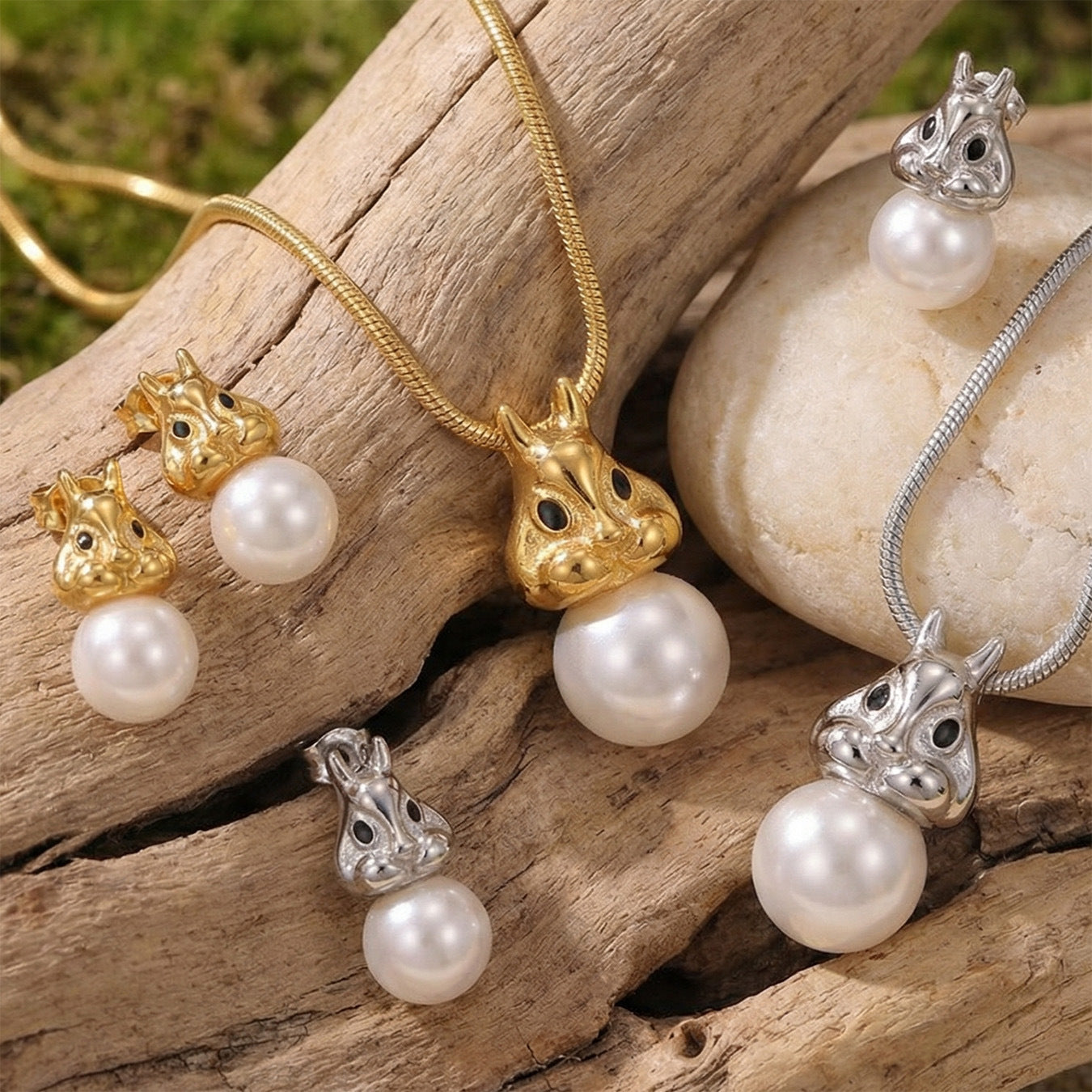 Squirrel Faux Pearl Earrings & Necklace Set