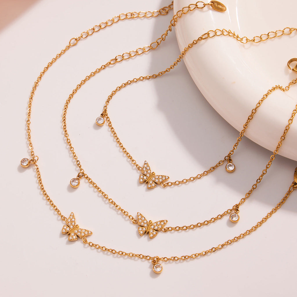 Dazzling Zircon Butterfly Tassel Anklet