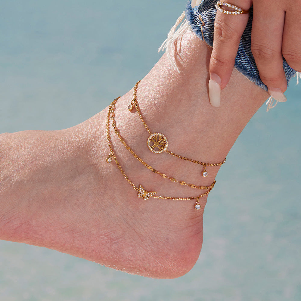 Dazzling Zircon Butterfly Tassel Anklet
