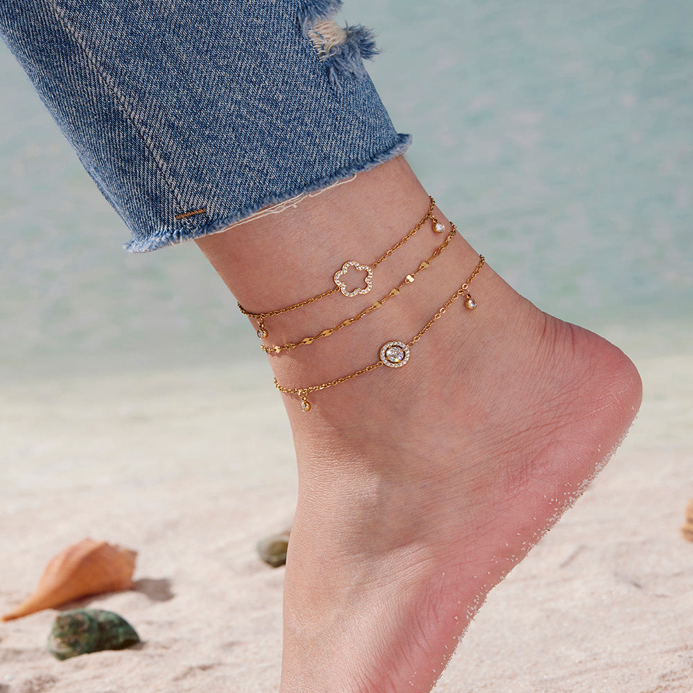 Pavé Zircon Hollow Flower Tassel Anklet