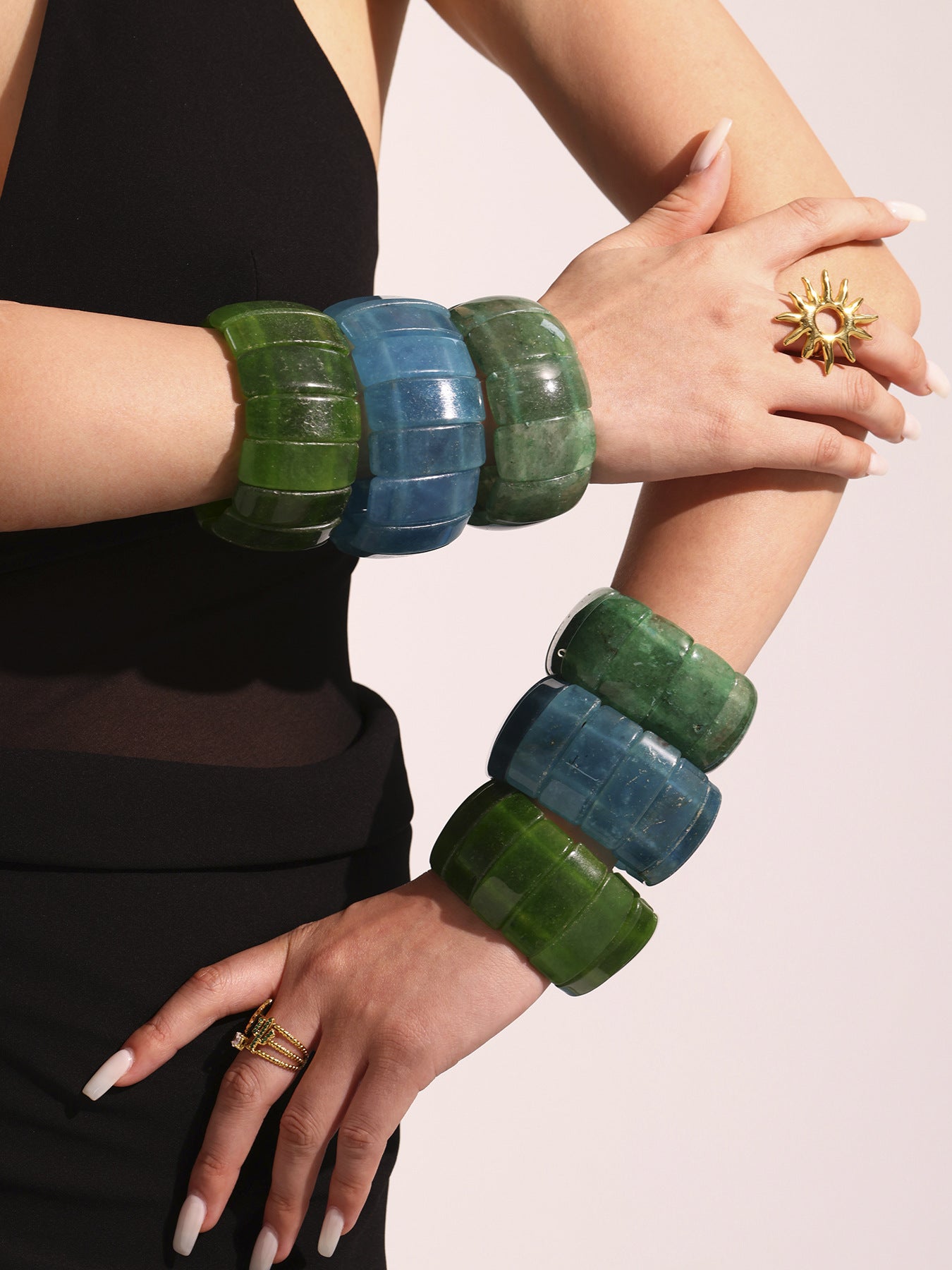 316L Stainless Steel Emerald Green Wide Natural Stone Elastic Bracelet