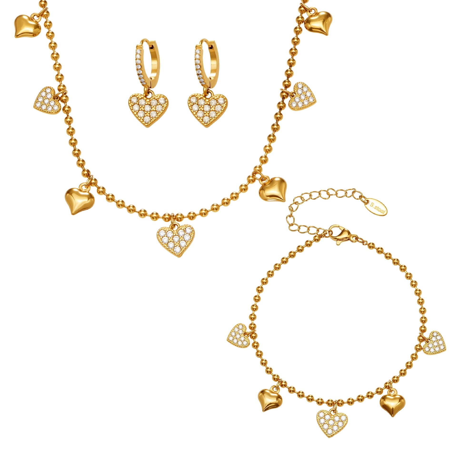 Heart CZ Charm Jewelry Set | Necklace, Bracelet, Anklet & Earrings