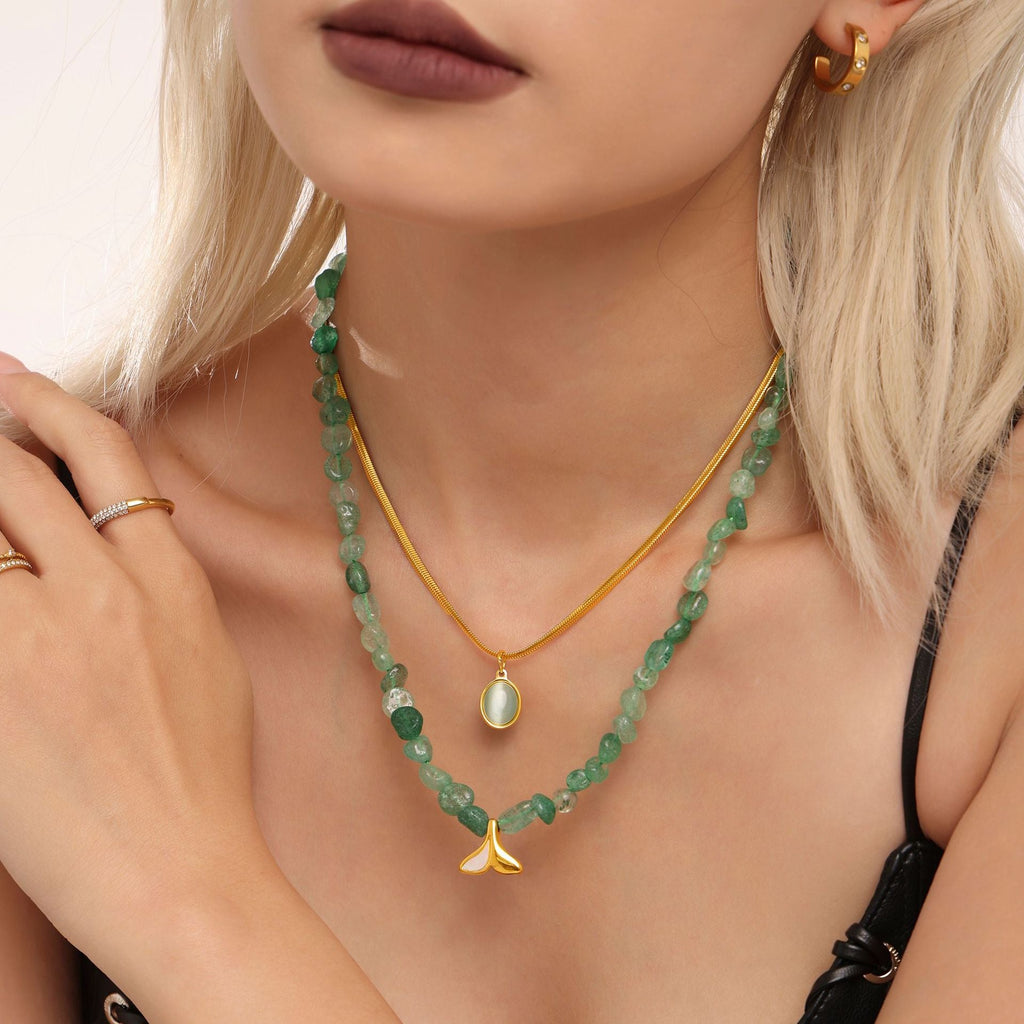 Green Strawberry & Aquamarine Layered Necklace
