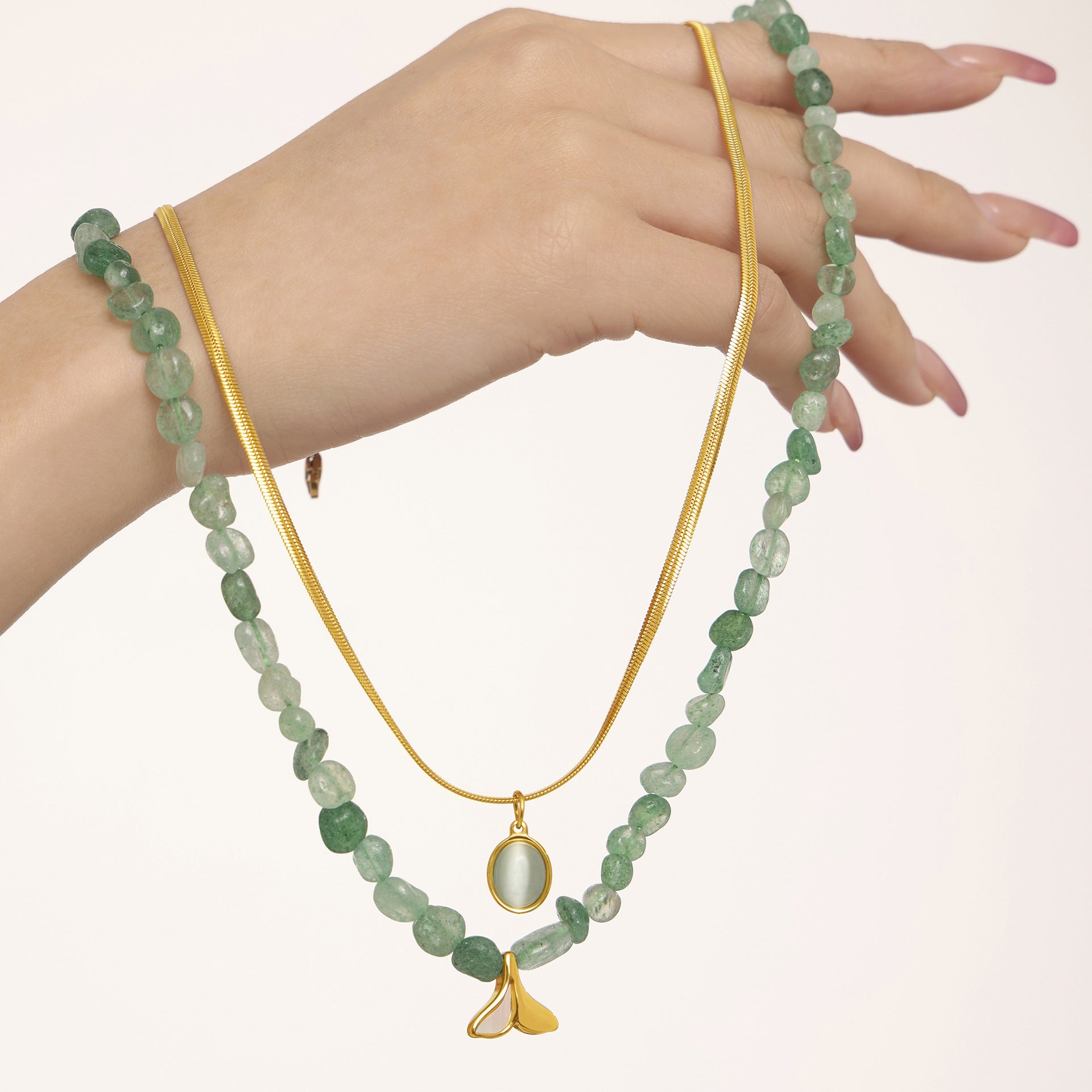 Green Strawberry & Aquamarine Layered Necklace