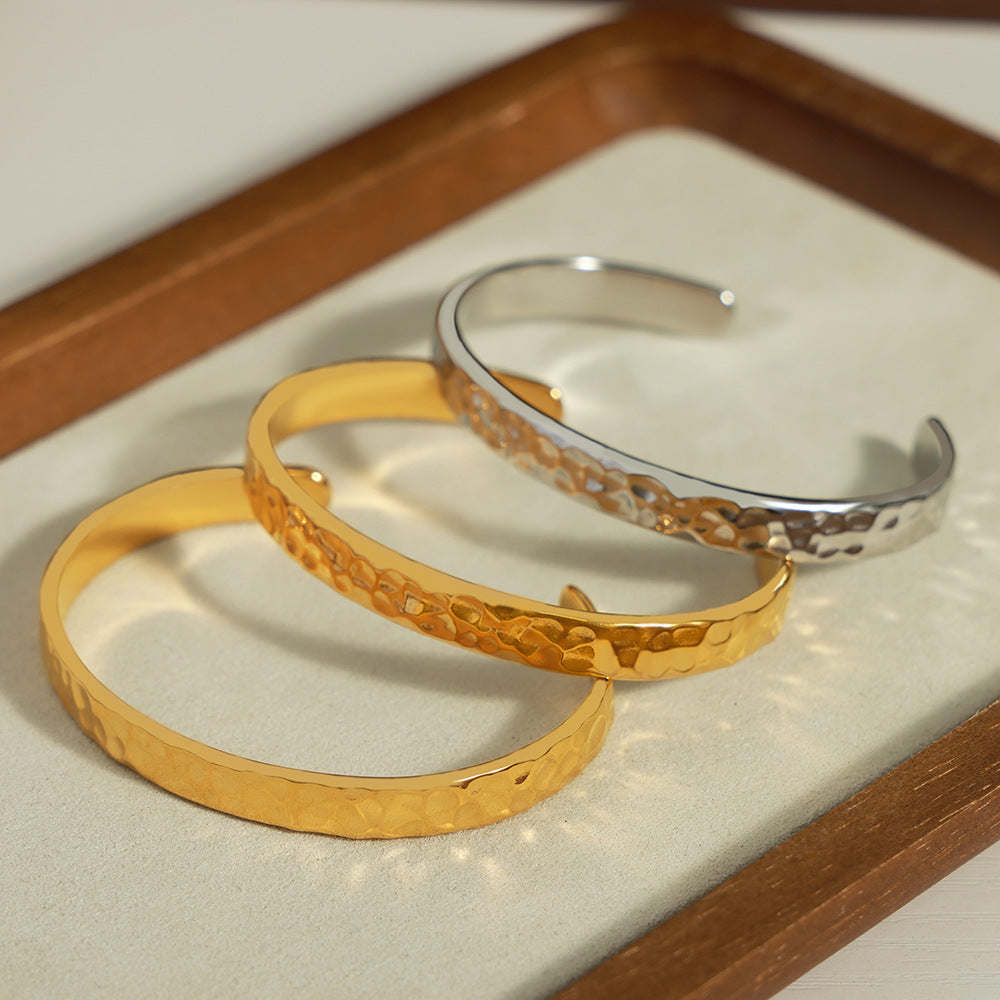 316L Stainless Steel Minimalist Irregular Hammered Open Cuff Bracelet