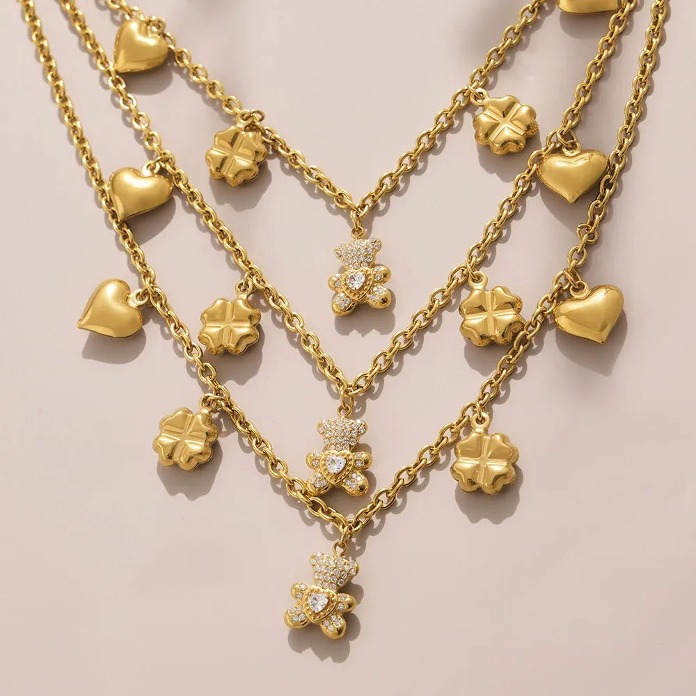 Pavé Bear Heart Clover Necklace & Bracelet Set