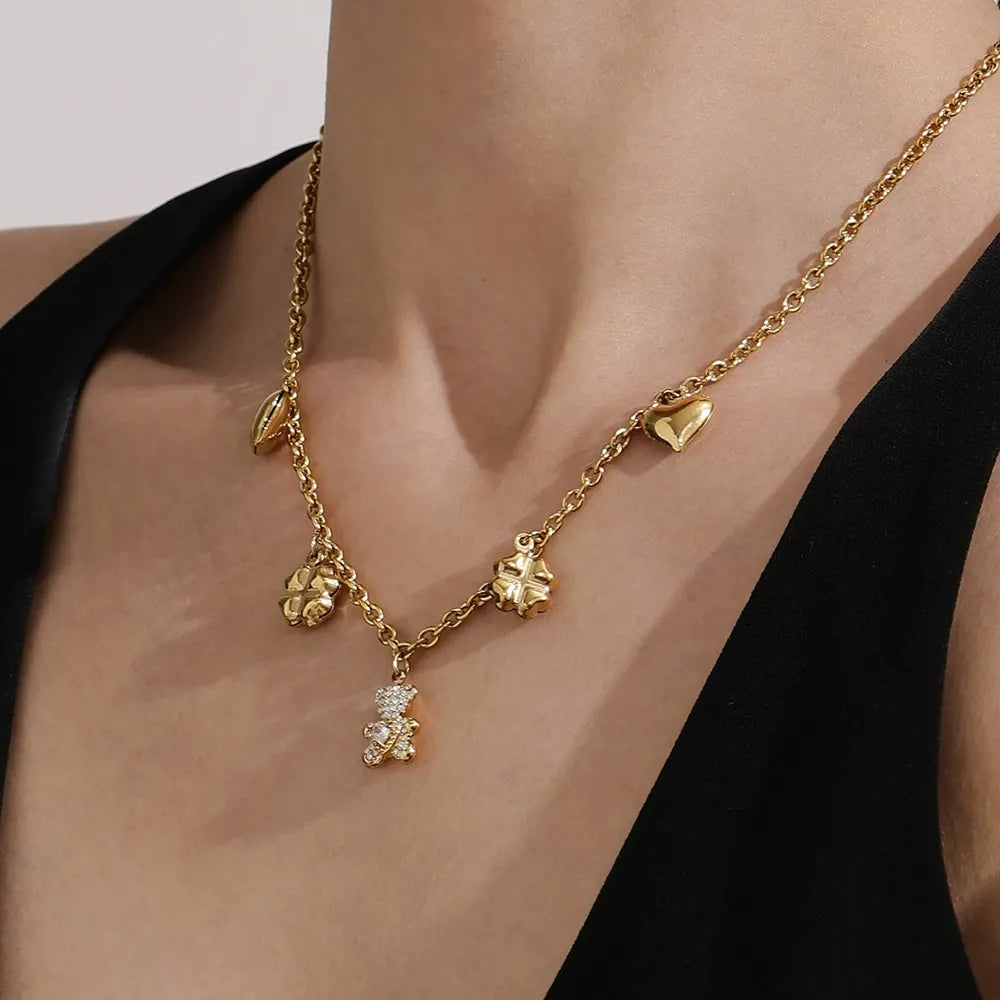 Pavé Bear Heart Clover Necklace & Bracelet Set