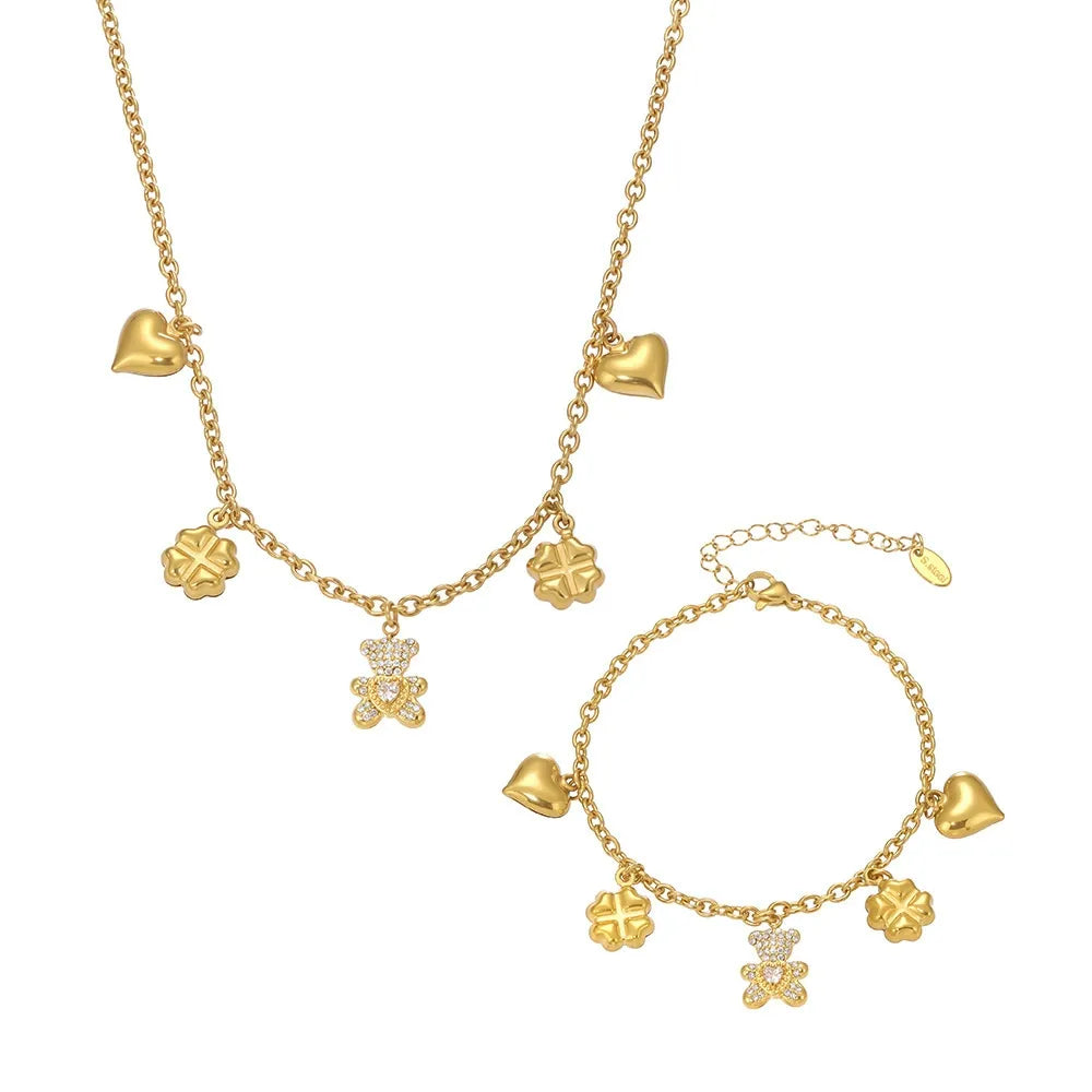 Pavé Bear Heart Clover Necklace & Bracelet Set
