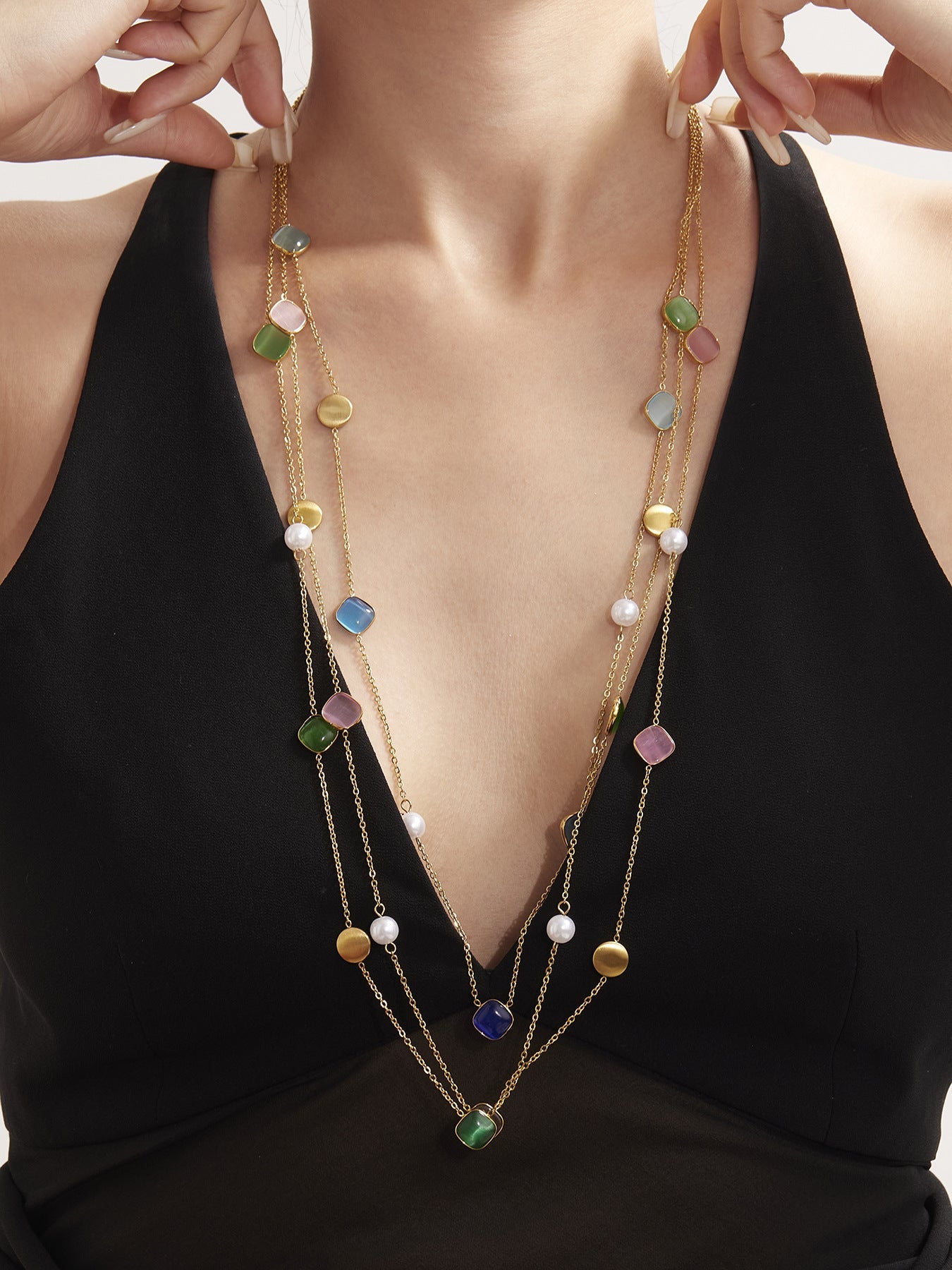 Candy-Color Cat Eye Stone Layering Necklace