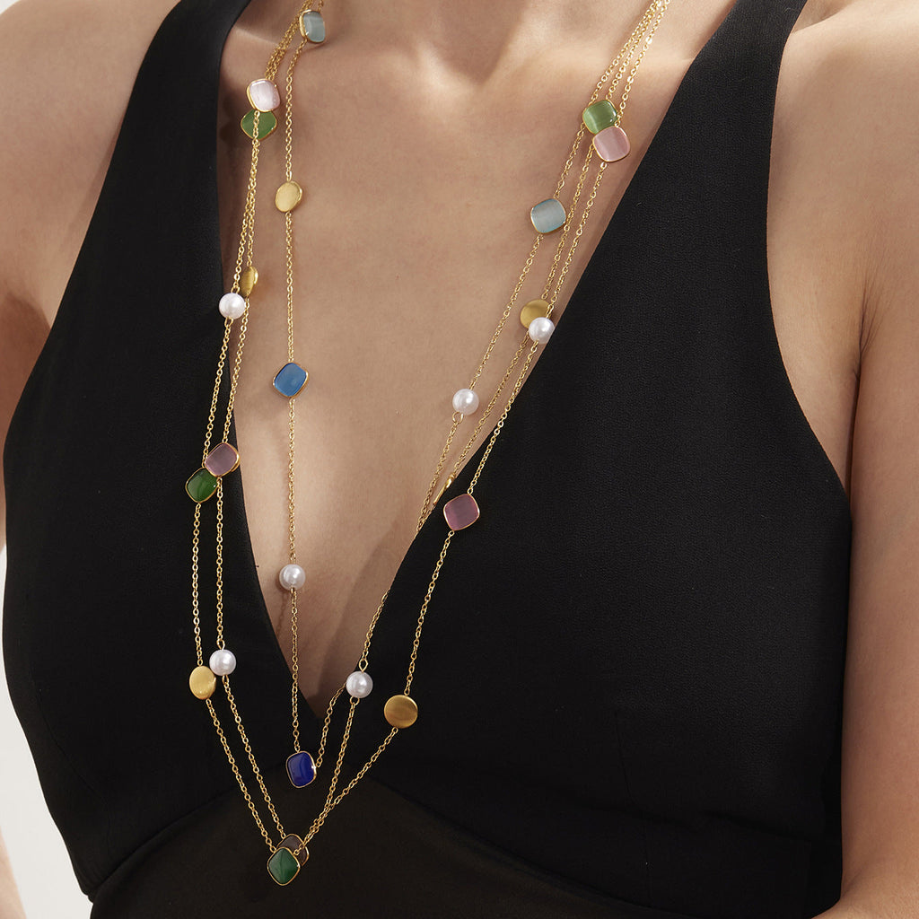 Candy-Color Cat Eye Stone Layering Necklace