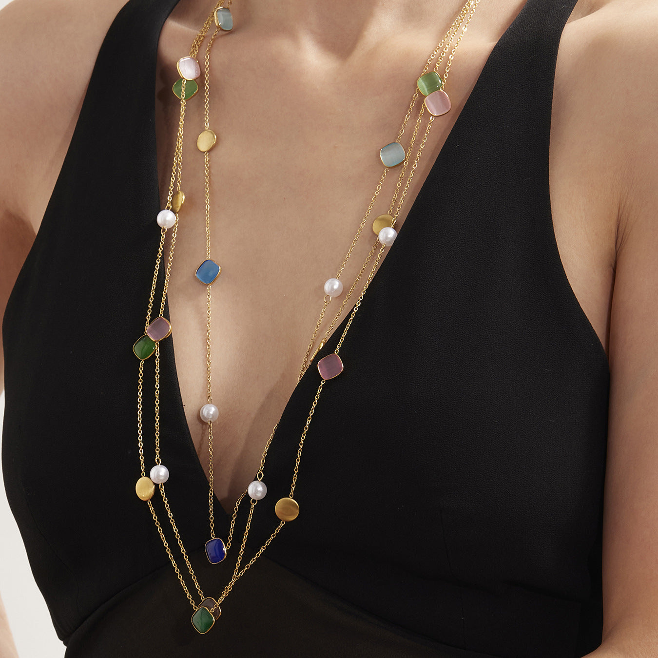 Candy-Color Cat Eye Stone Layering Necklace