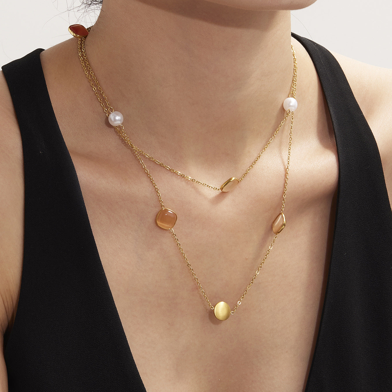 Candy-Color Cat Eye Stone Layering Necklace