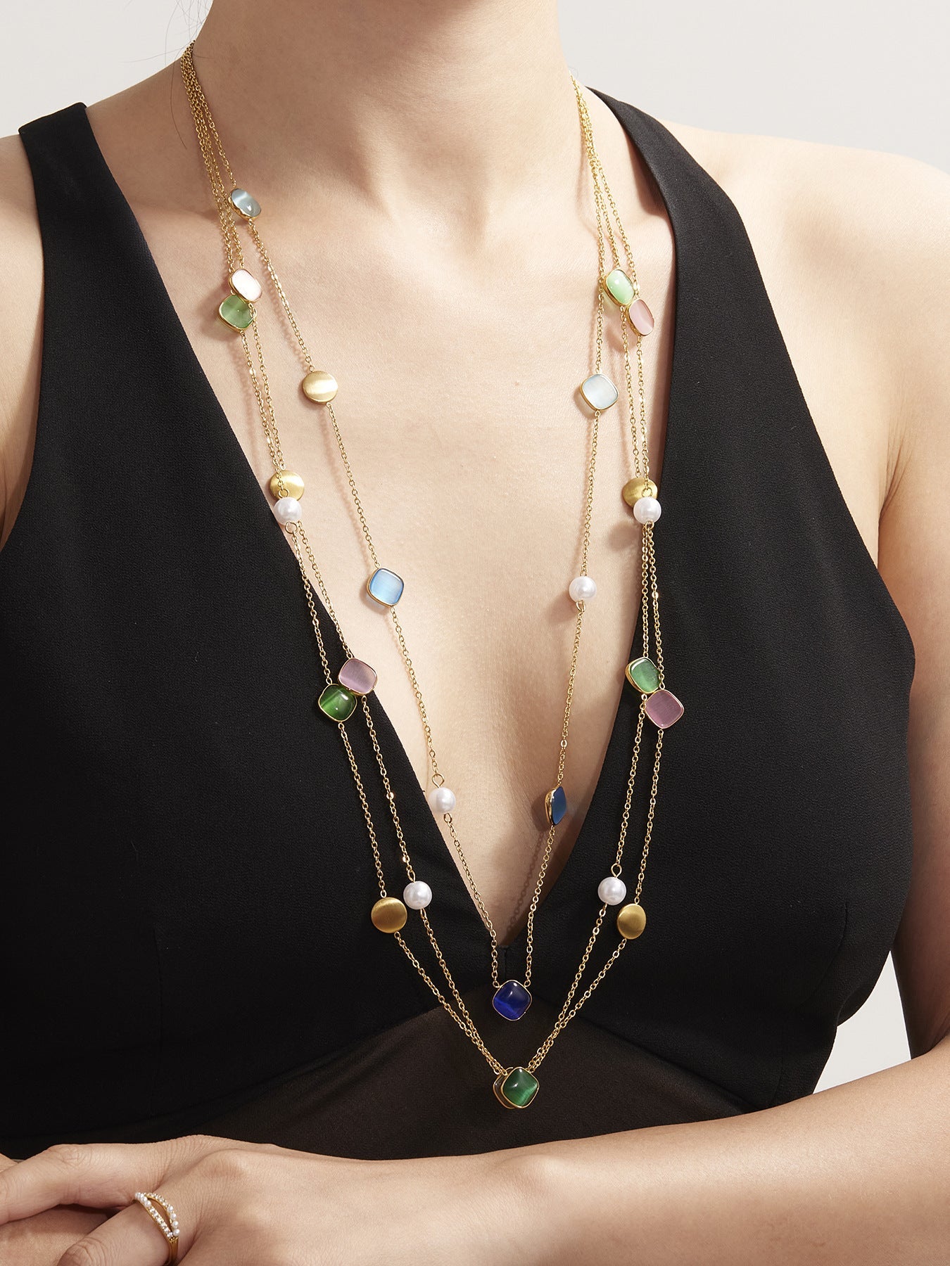Candy-Color Cat Eye Stone Layering Necklace
