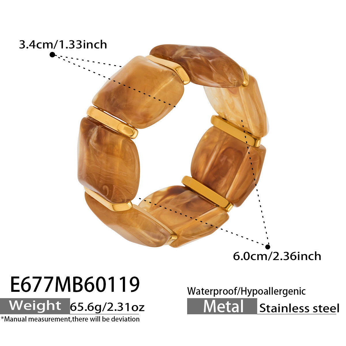 316L Stainless Steel Irregular Textured Wide Resin Stretch Bracelet