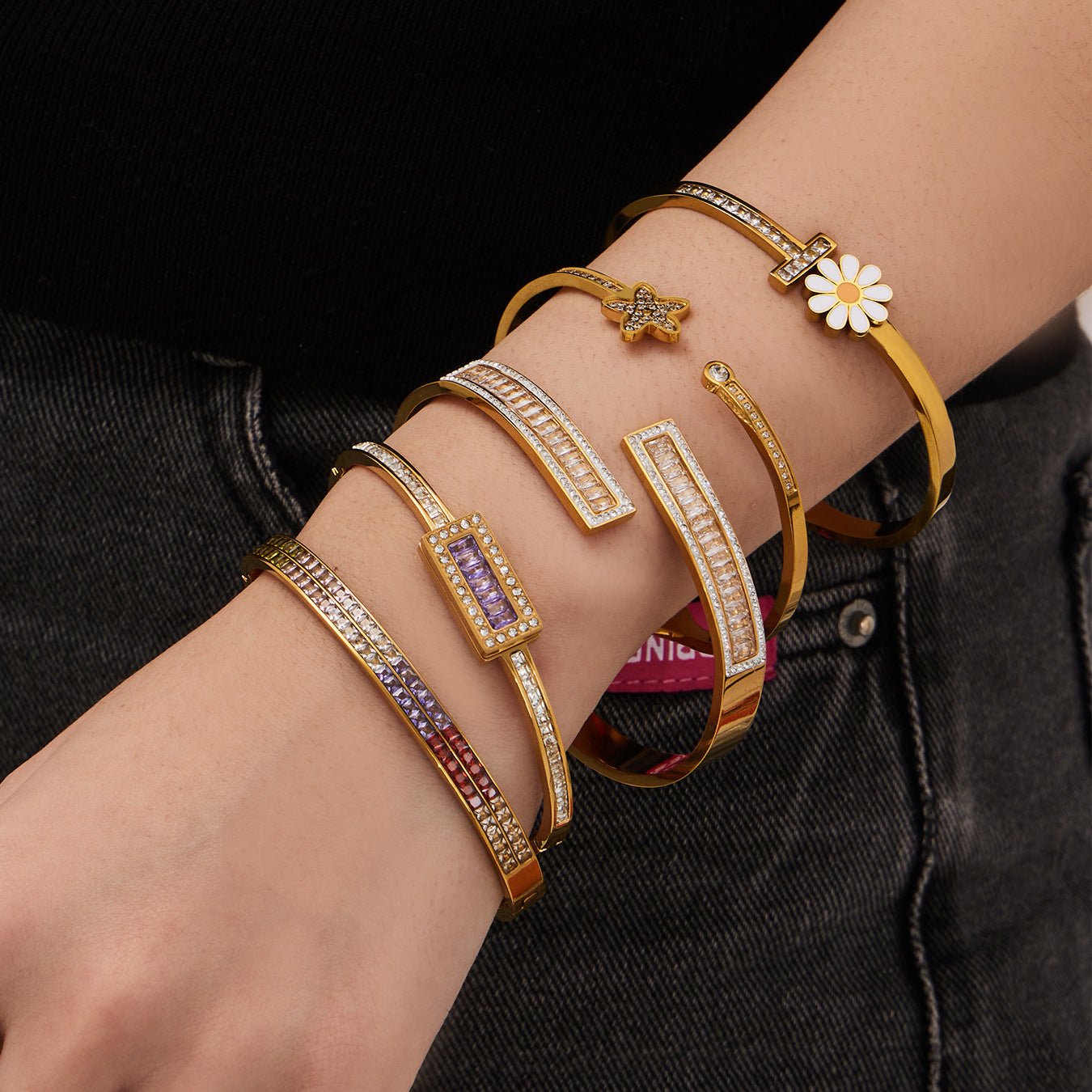 316L Stainless Steel Sparkling 5A Zircon Pavé & Enamel Daisy Bracelet Set