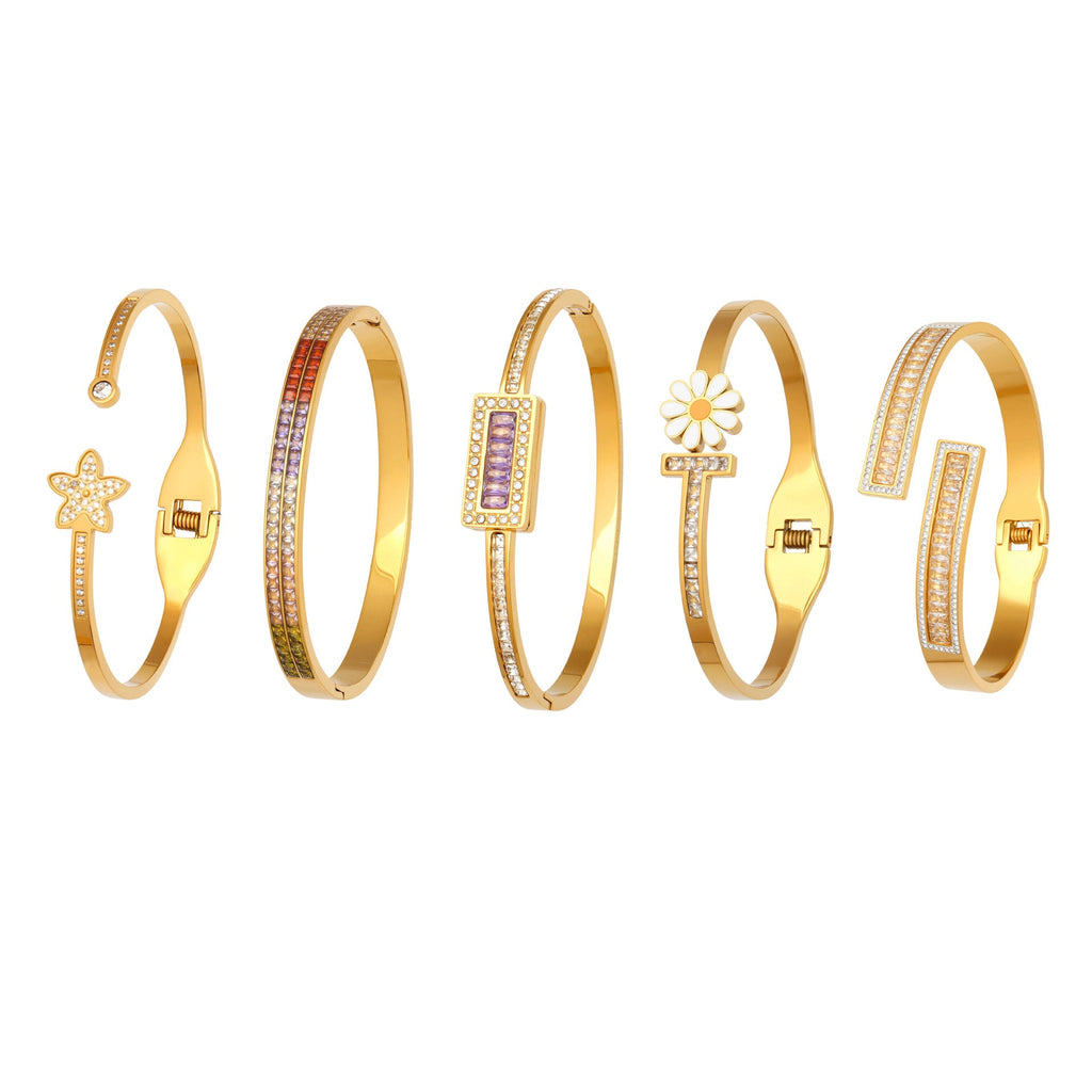 316L Stainless Steel Sparkling 5A Zircon Pavé & Enamel Daisy Bracelet Set