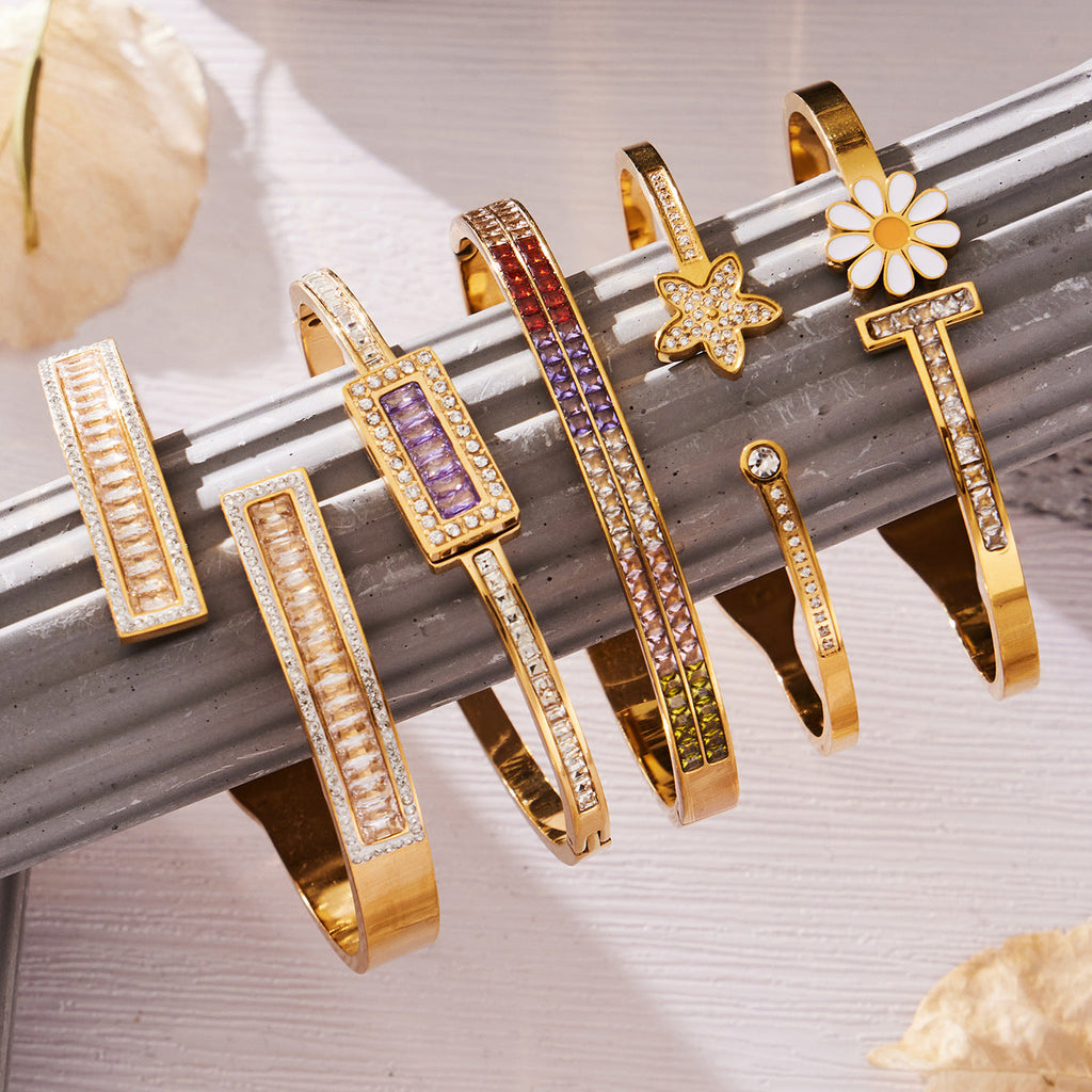 316L Stainless Steel Sparkling 5A Zircon Pavé & Enamel Daisy Bracelet Set
