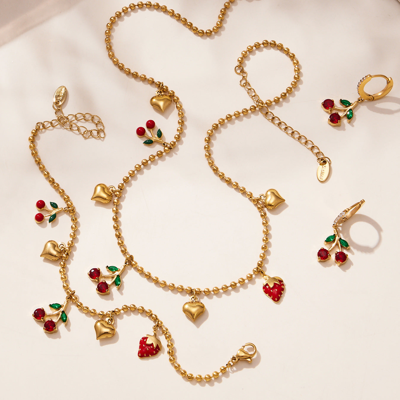 Zircon Cherry & Heart Charm Jewelry Set