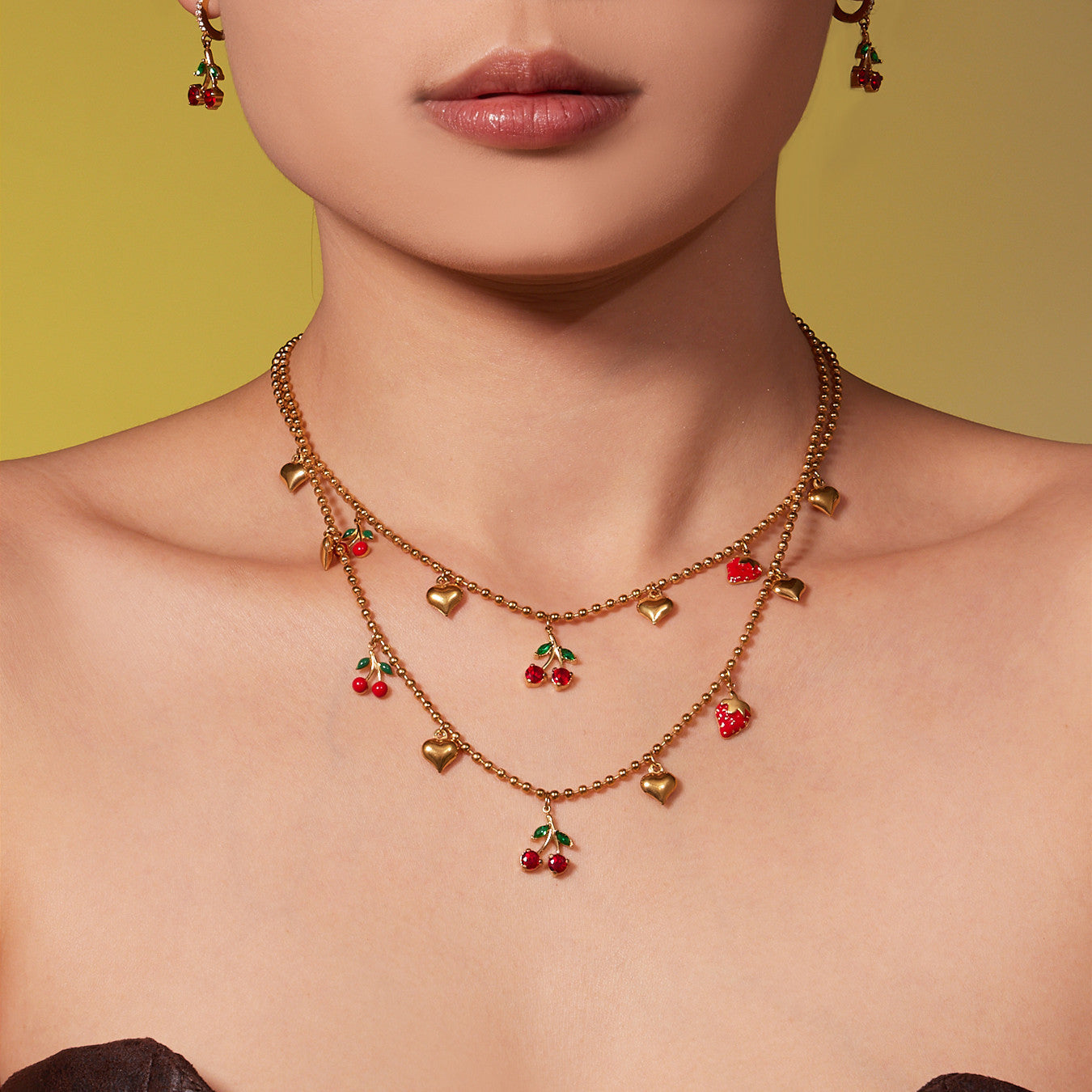 Zircon Cherry & Heart Charm Jewelry Set